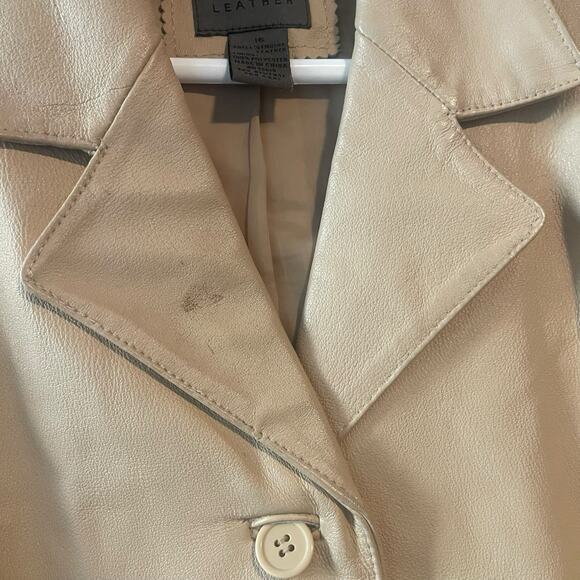 Y2K Preppy Leather Jacket Uniform Tan Beige Leather Lined Blazer Size 16 - Picture 5 of 7